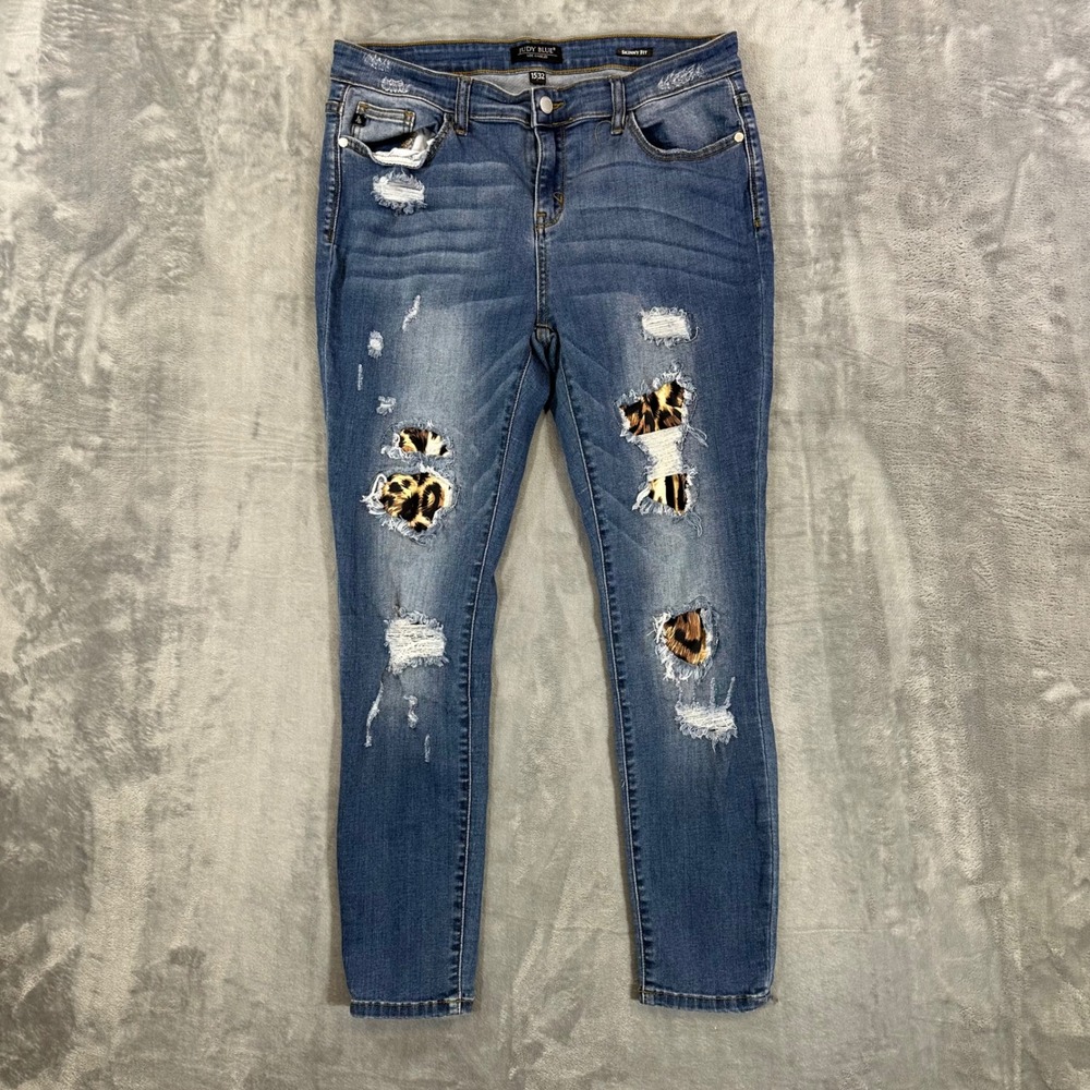 Judy Blue Skinny Jeans‎ Women's Size 15/32 Blue Denim Leopard Print Distressed